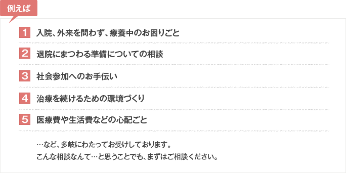 入院、外来を問わず、療養中のお困りごと/退院にまつわる準備についての相談/社会参加へのお手伝い/治療を続けるための環境づくり/医療費や生活費などの心配ごと