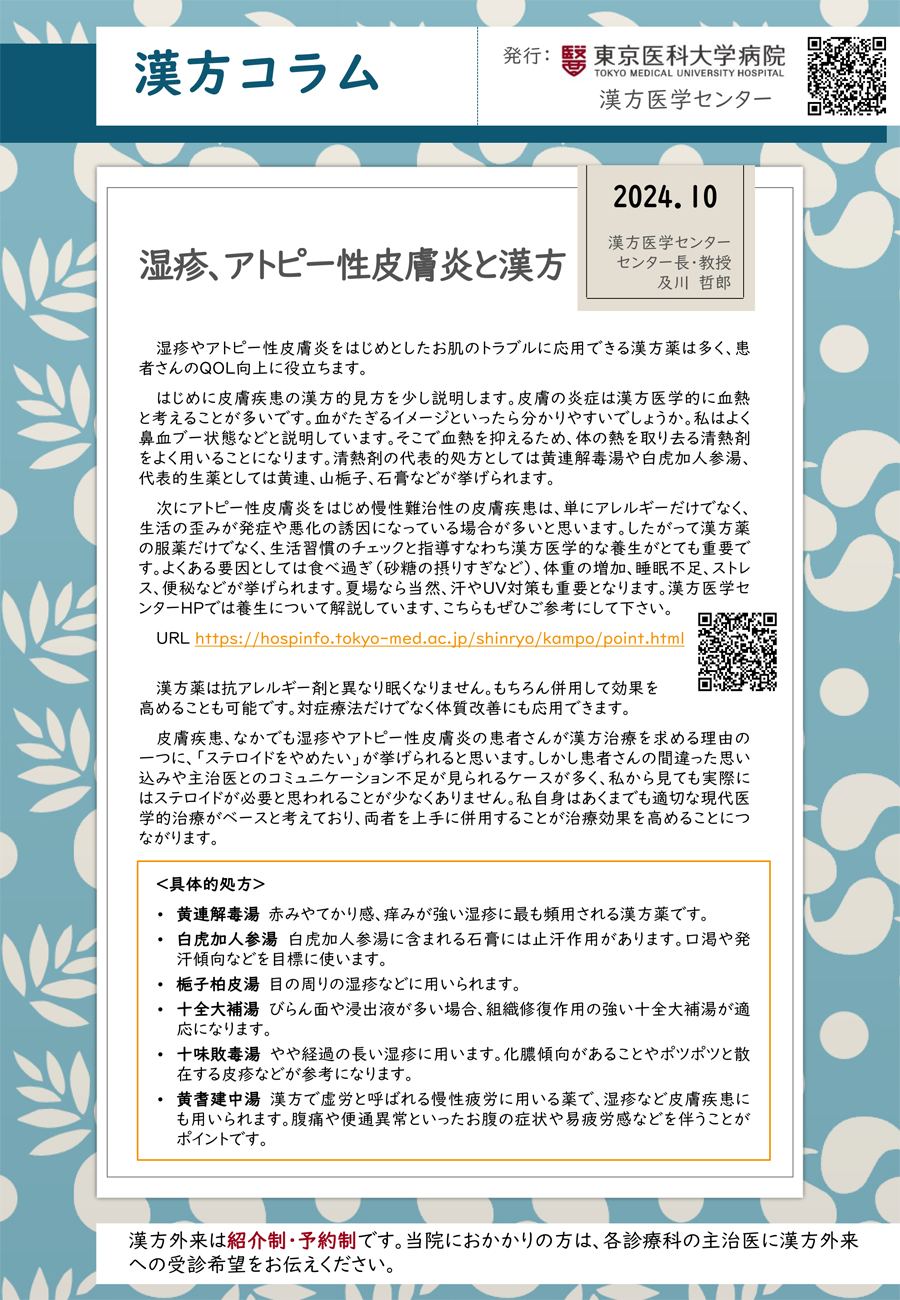 湿疹、アトピー性皮膚炎と漢方（2024年10月）