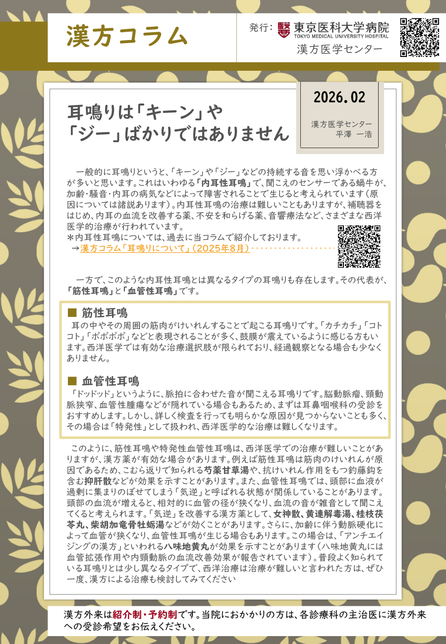 耳鳴りは「キーン」や「ジー」ばかりではありません（2026年2月）